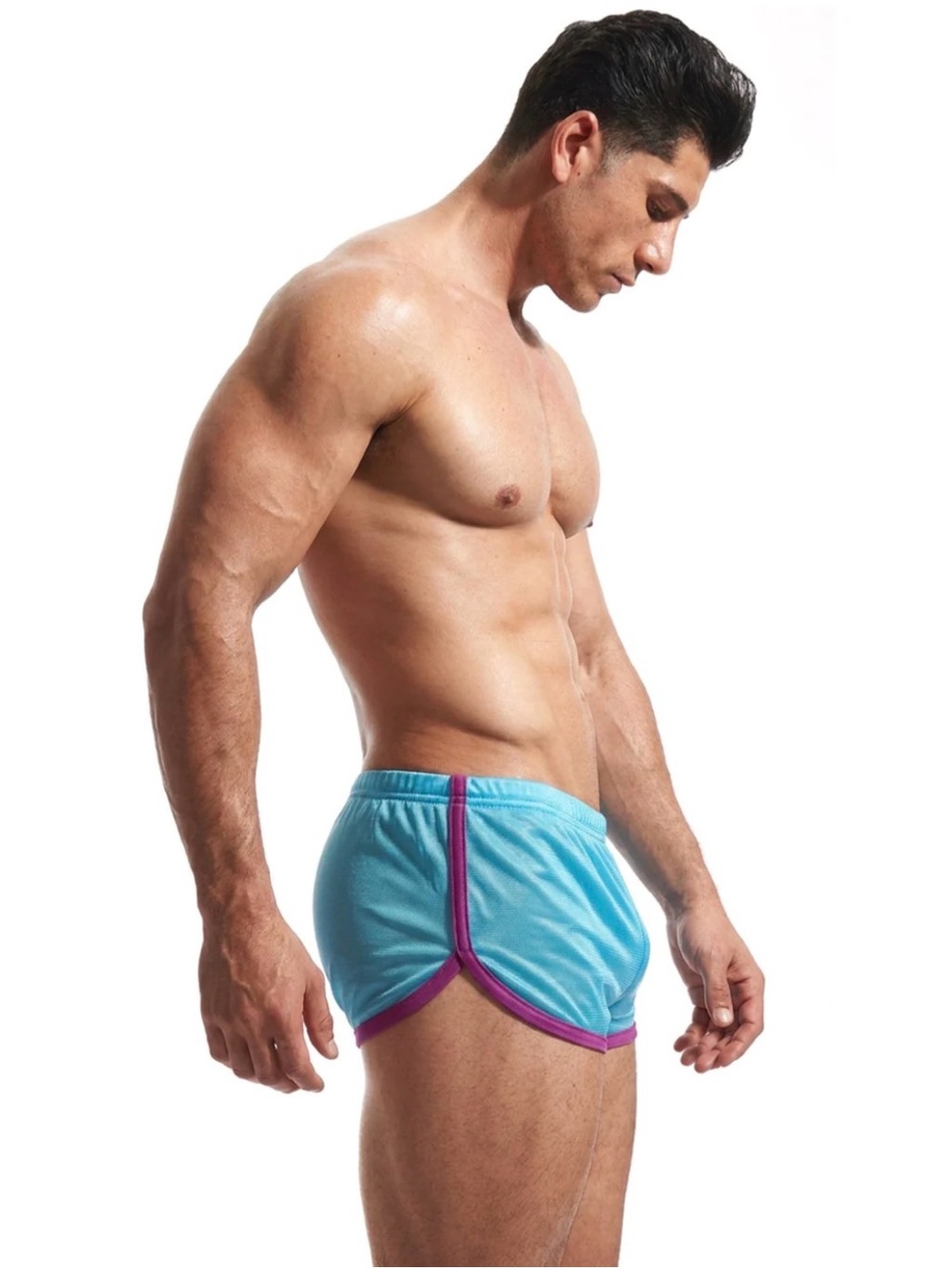 SEXY! N2N Bodywear Men's Sunset Circuit Split Shorts Aqua Blue Sheer See-Thru M